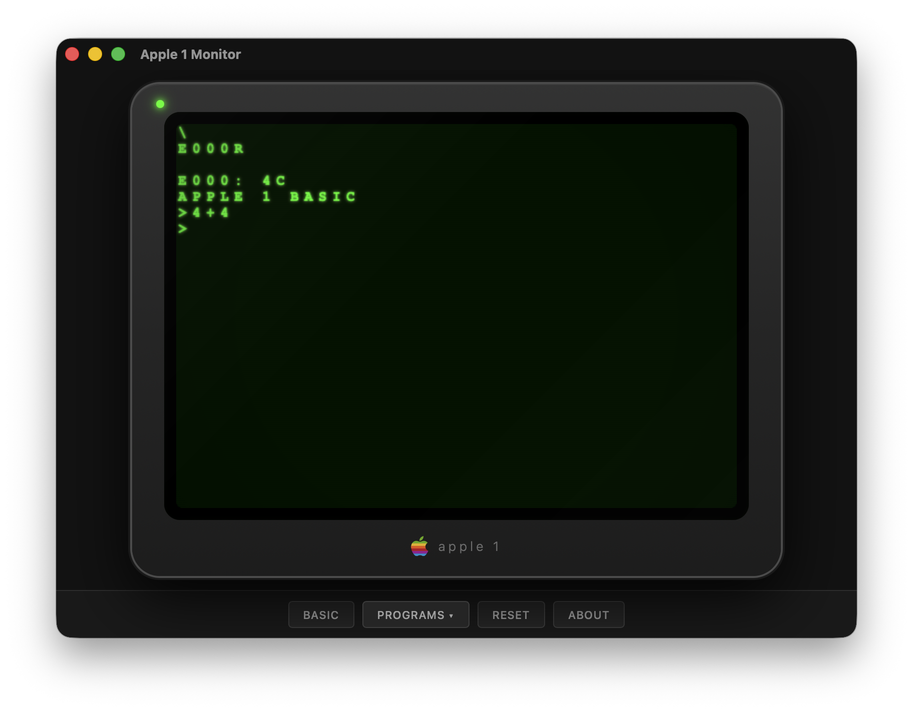 Apple 1 Monitor - Desktop App running Integer BASIC