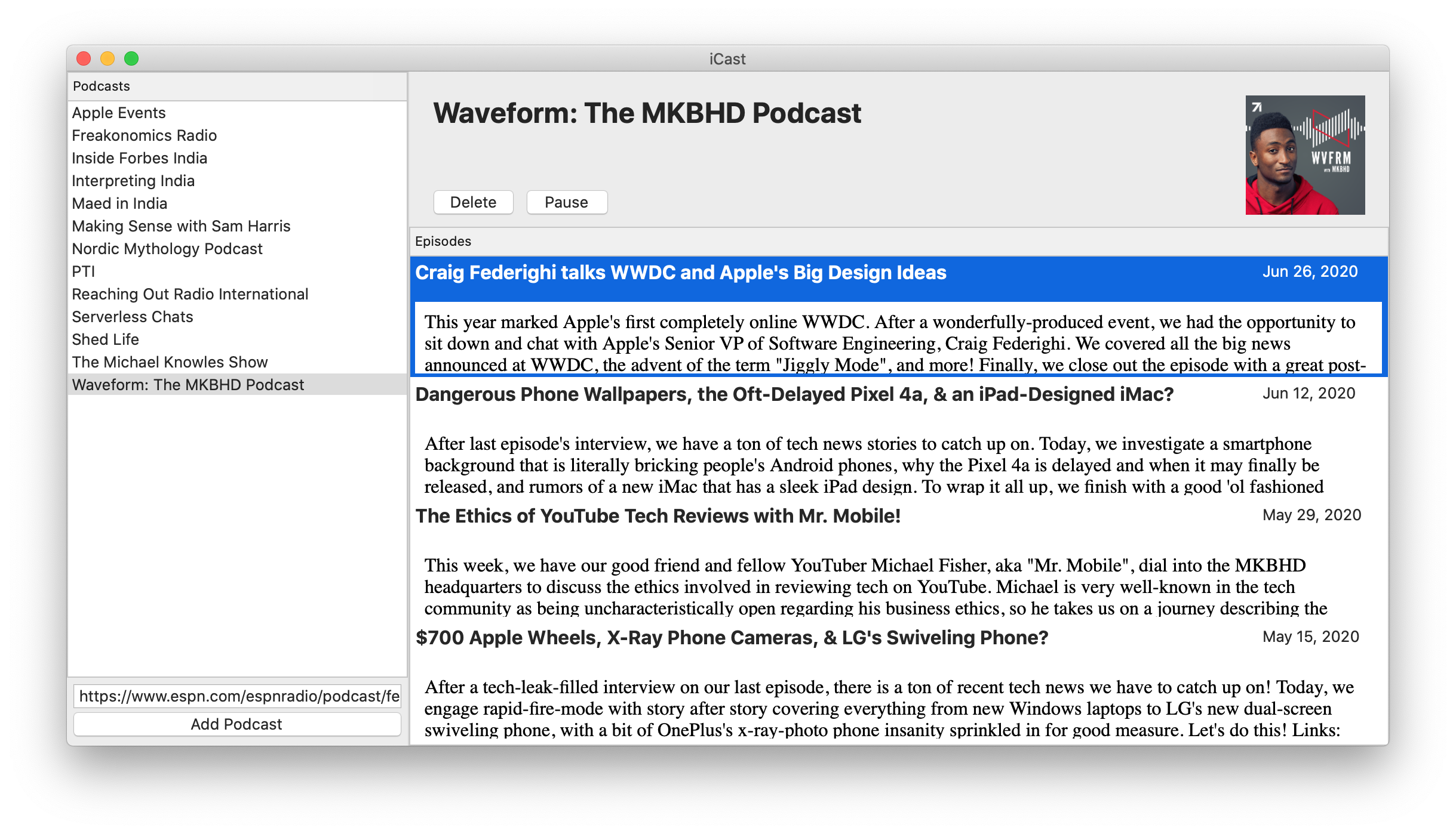 iCast podcast player on macOS